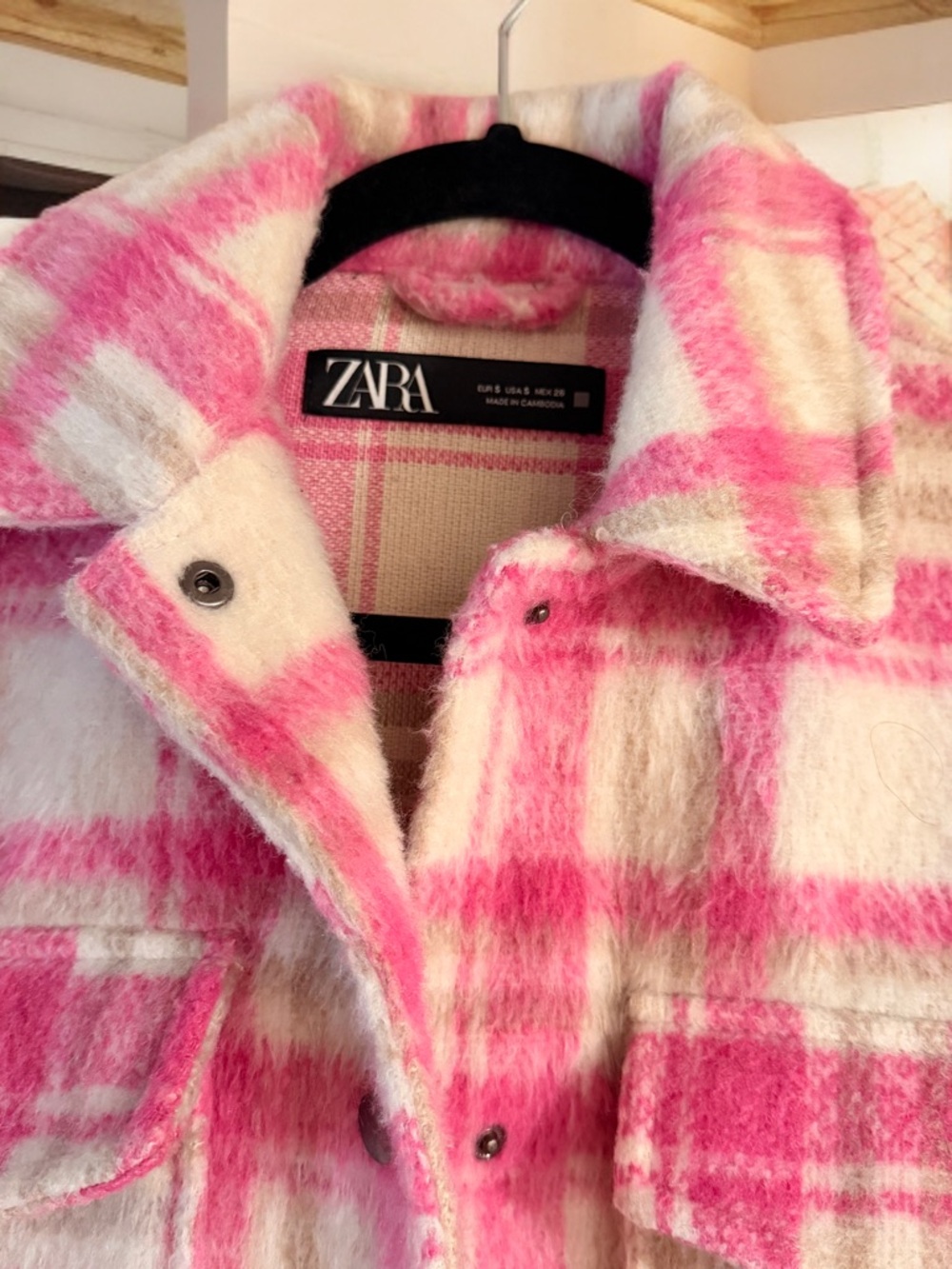 ZARA Pink and Cream Plaid Wool-Blend Shacket - Picture 2 of 5